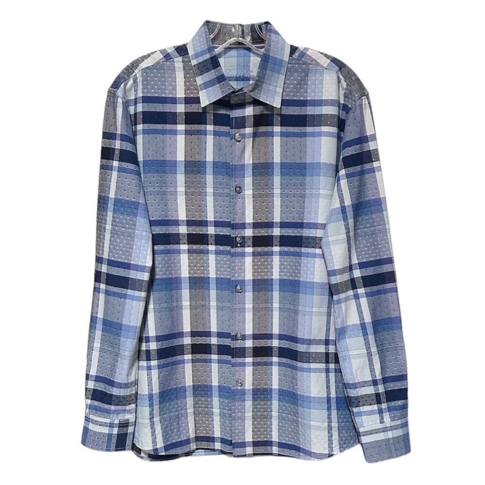 Tasso Elba Blue Plaid Long Sleeve Button-Up Shirt